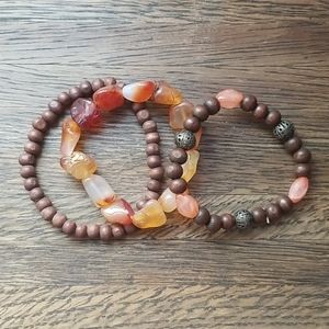 💎3/$12 Stetchy Bracelet Stack Stones Wood Orange and Brown Earthy Combo
